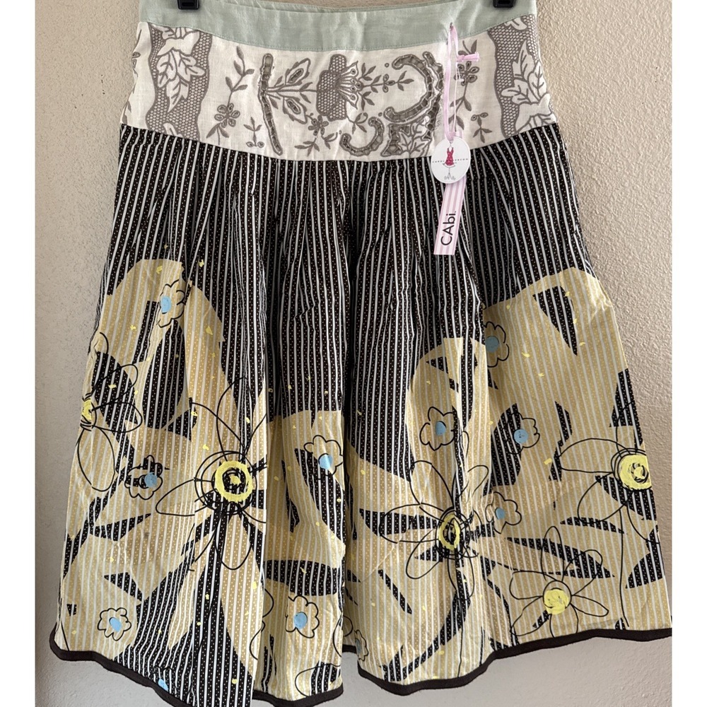 Cabi Brown & Yellow Boho Stripe Knee Length A-Line Skirt Embroidered Size 2 NEW